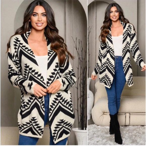 Off white black Aztec print ultra soft women fall and winter trendy cardigan - Picture 2 of 2